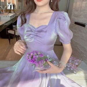 Elegant Puff Sleeve Women A-line Dress Square Collar Sweet Korean Party Dress